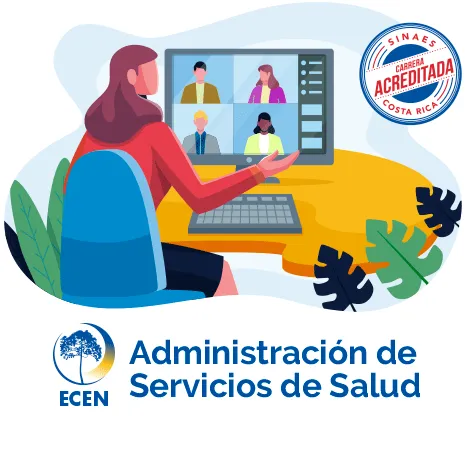 A person is seated at a desk, engaging in a video call with multiple participants on a computer screen. The design includes tropical leaves and a logo.